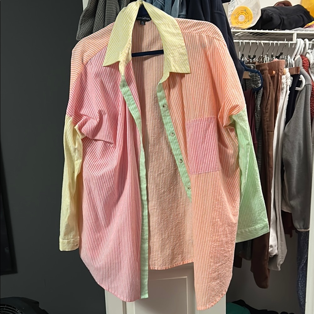 DAVI & DANI Pink and Green Oversized Button Down Shirt